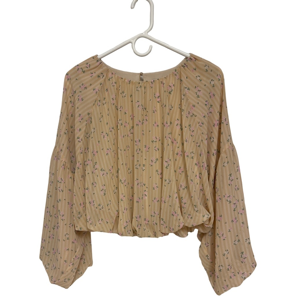 Gianni Bini Chiffon Puffed Sleeve Blouse in Ditzy Days Women’s Medium Light Pink